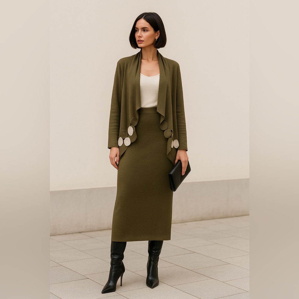 Lauren Vidal Paris Two-Piece Set | Wool Blend Maxi Skirt & Cardigan, Sz M/L